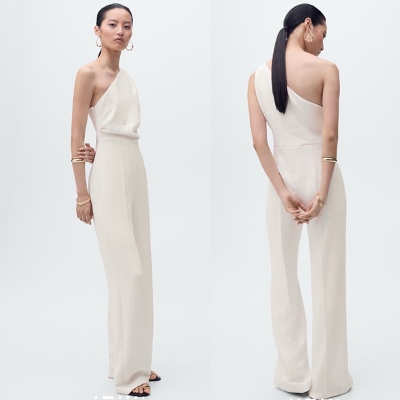 Mango Pants - Mango Long Asymmetrical Draped Jumpsuit Off-White One-Shoulder NWT Size M Bridal